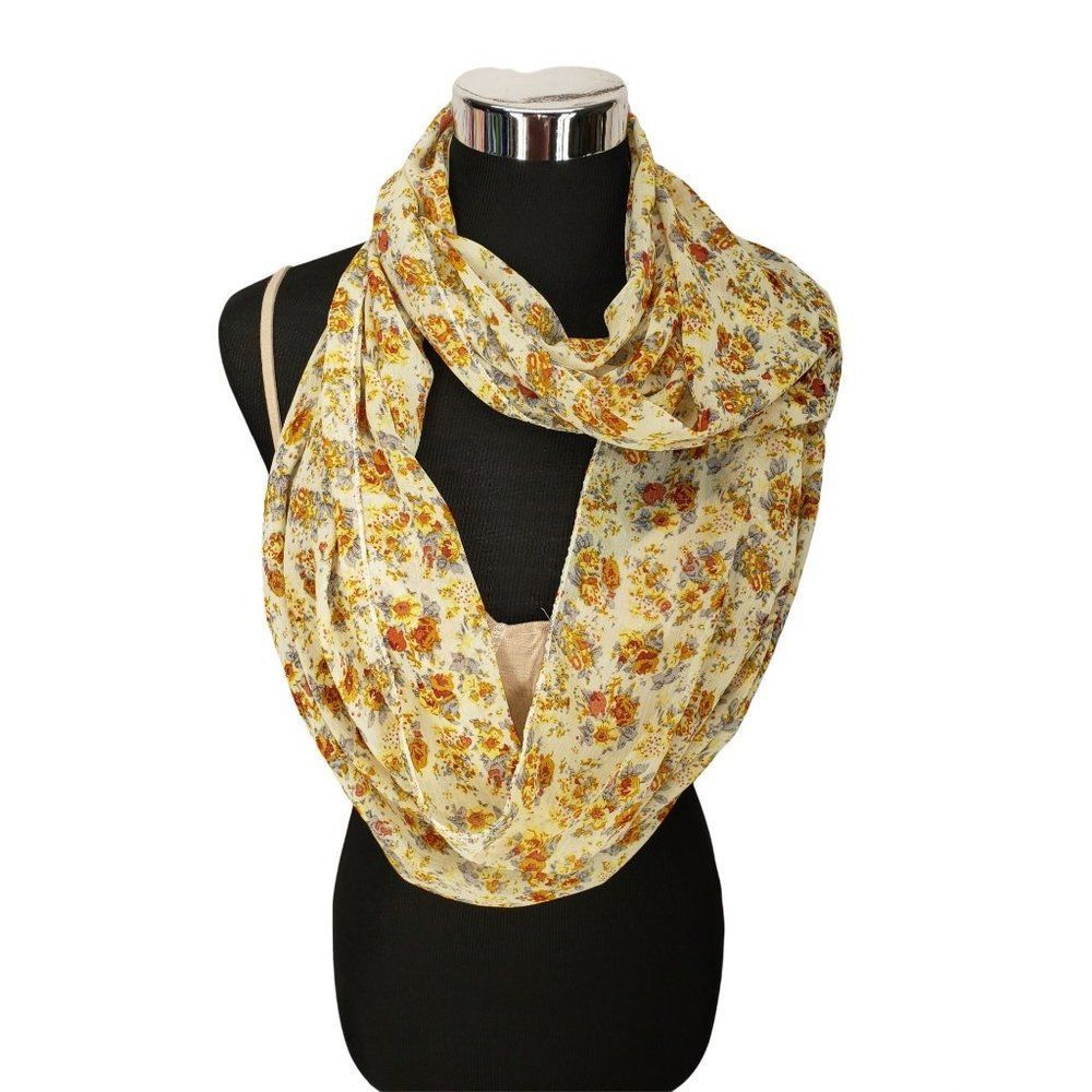 Bohemian White Floral Printed Boutique Infinity Scarf Lightweight
